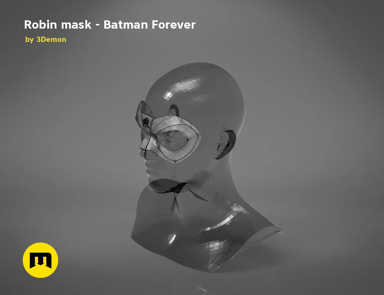 3D model render of Batman Forever Robin mask, side view, 3D print cosplay prop