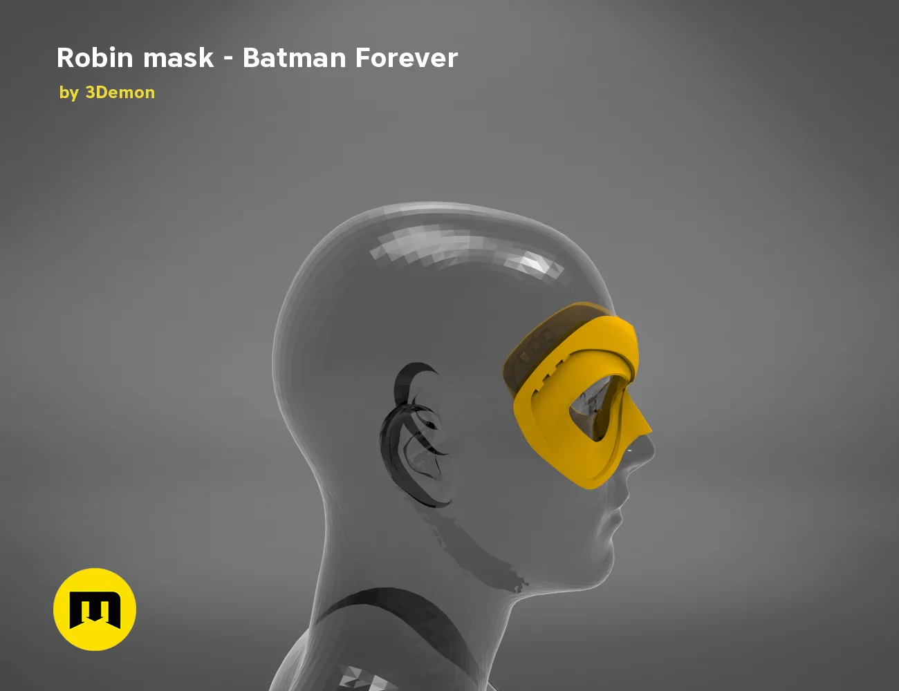 3D model render of Robin mask, Batman Forever, yellow ear detail, 3D print cosplay prop