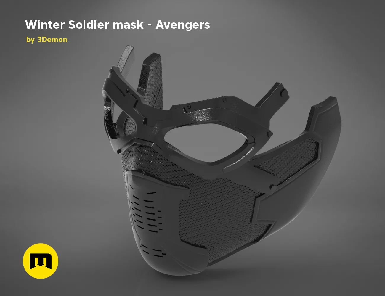 3D model render of Winter Soldier mask, black armored cosplay prop, front view