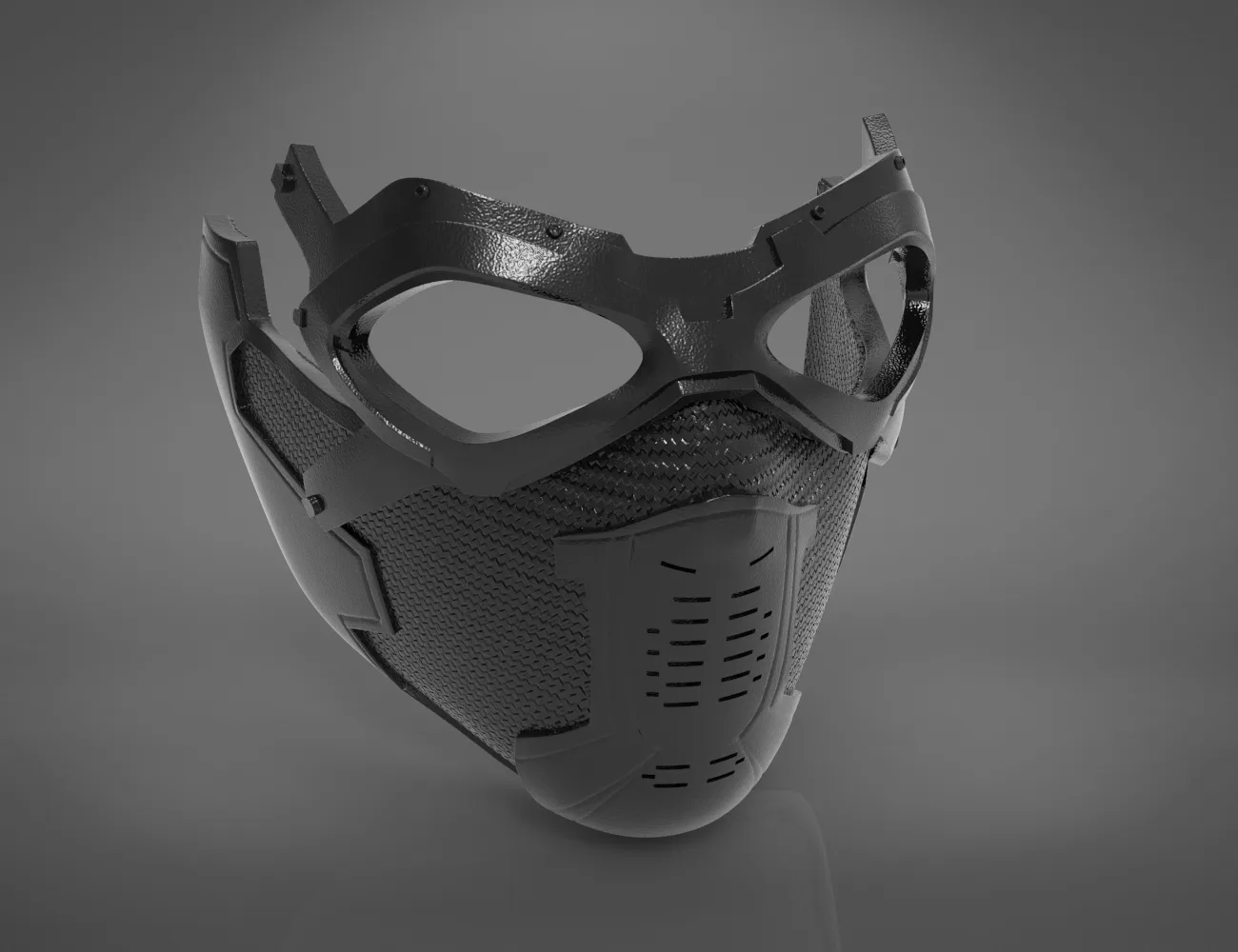 3D model render of Winter Soldier mask, front view, detailed 3D print cosplay prop