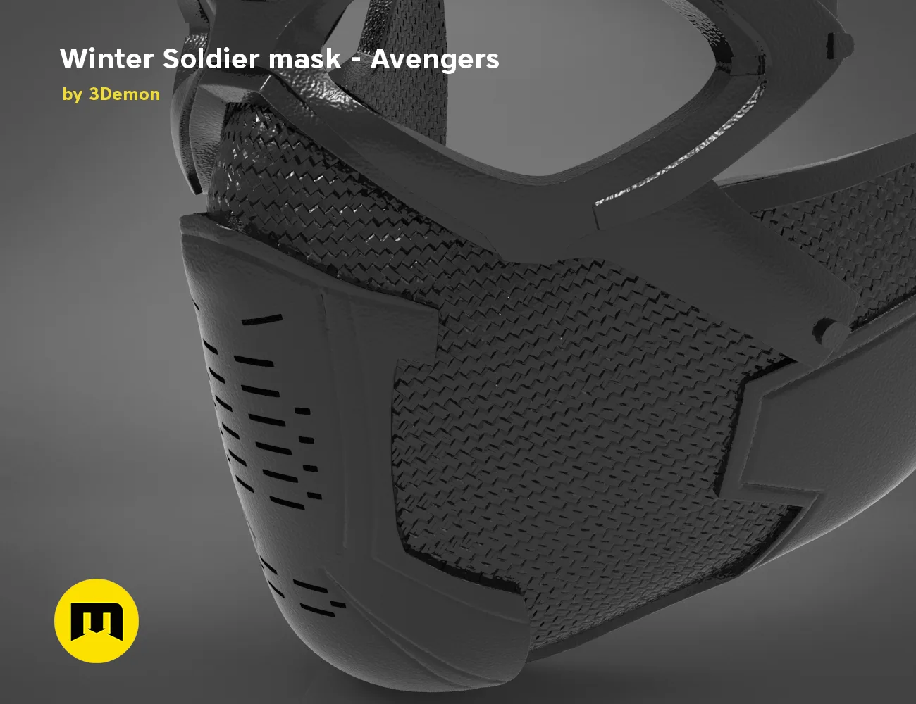 3D model render of Winter Soldier mask, detailed mesh with ventilation grid, Avengers cosplay prop