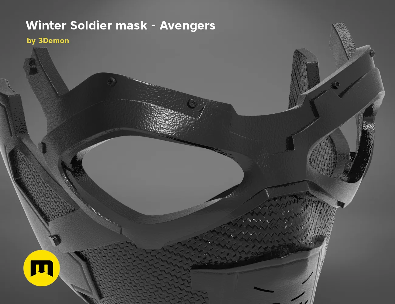 3D visualization of Winter Soldier mask, detailed cosplay prop with textured metal finish, Avengers