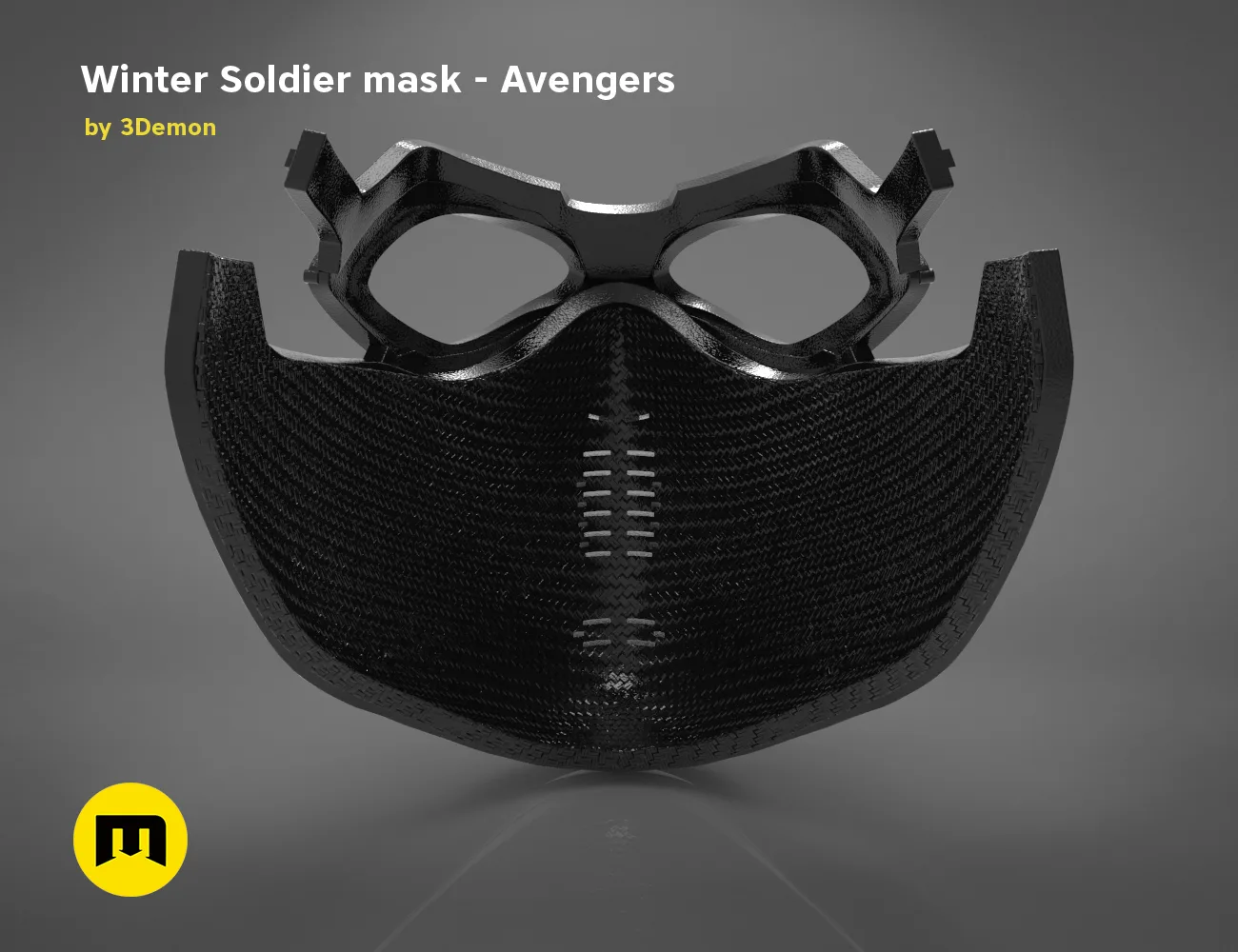 3D model render of Winter Soldier mask, front view with eye lens detail, Avengers cosplay prop