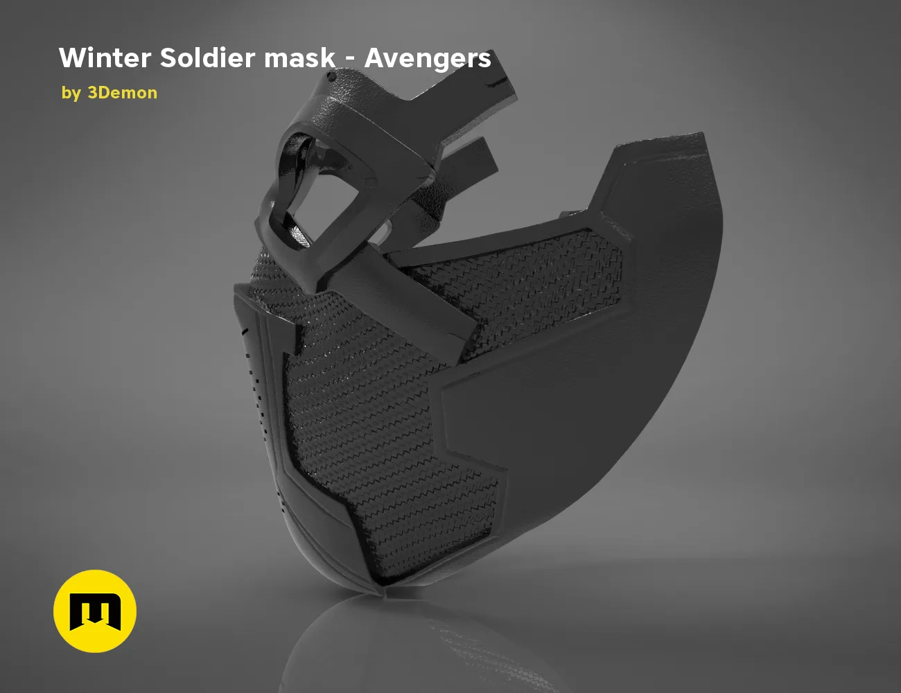 3D model render of Winter Soldier mask, black textured Marvel cosplay prop, side view