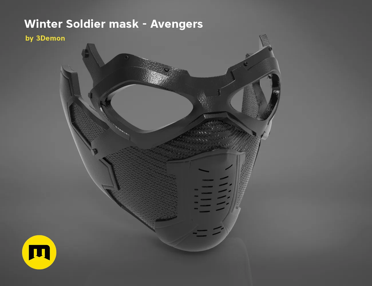 3D model render of Winter Soldier mask, black textured cosplay armor with ventilation, 3D print