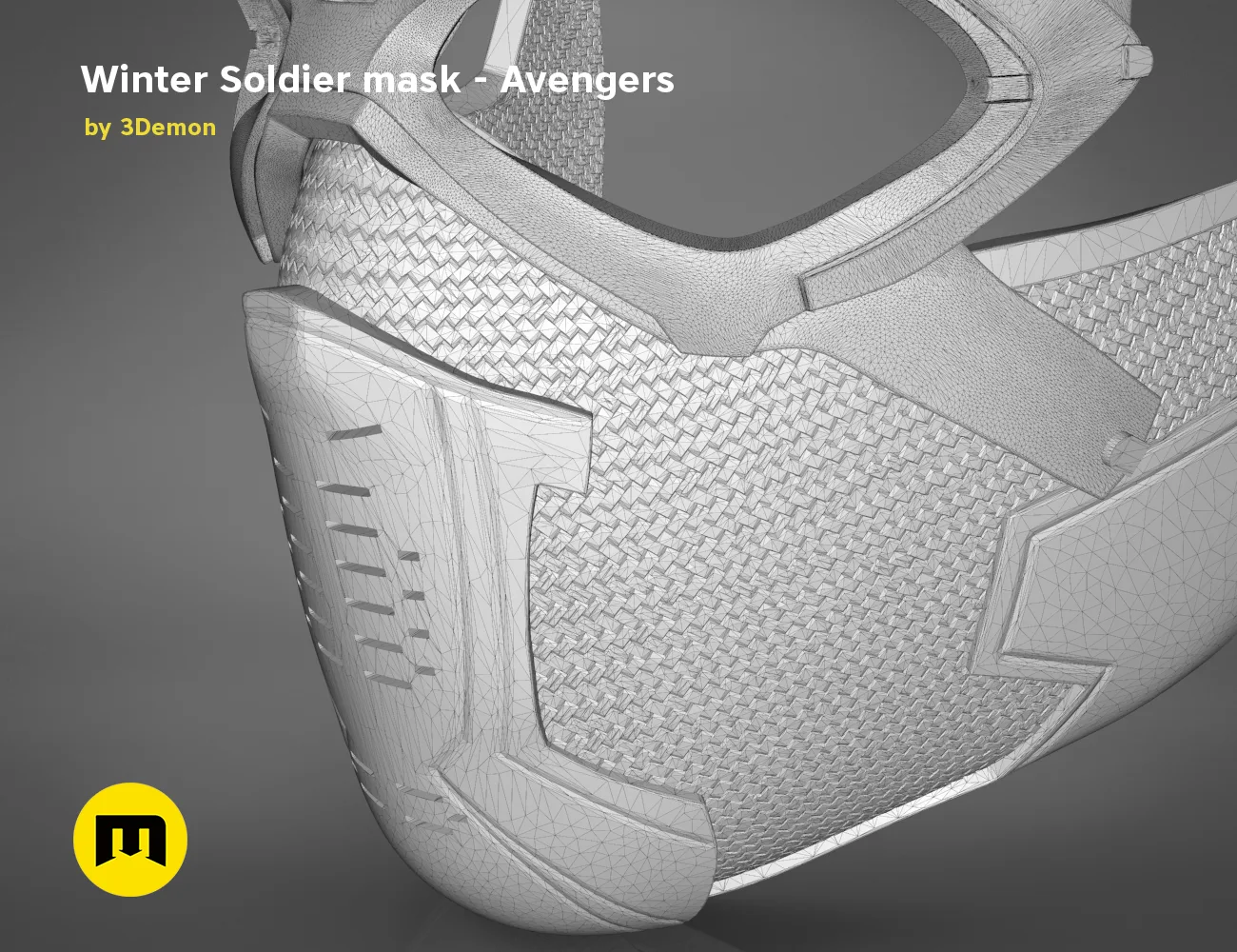 Wireframe mesh render of Winter Soldier mask STL, detailed side polygon structure, Avengers cosplay prop