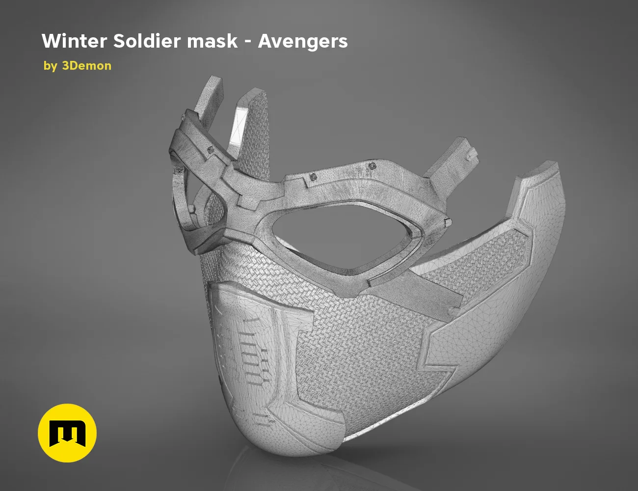 Wireframe mesh render of Winter Soldier mask, detailed faceplate and antennae topology, Avengers cosplay prop 3D print