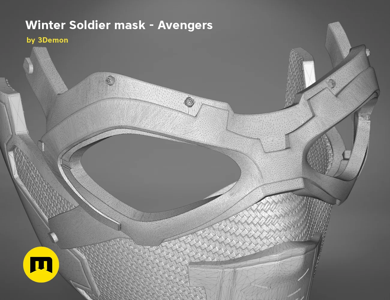 Wireframe mesh render of Winter Soldier mask STL, detailed mesh topology with eye cutouts, Avengers cosplay prop