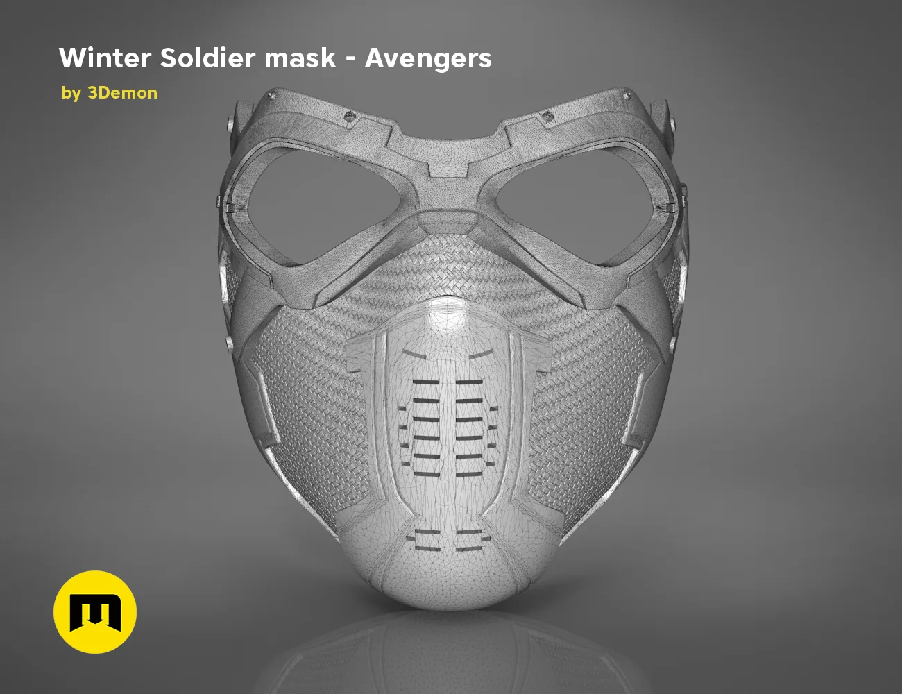 Wireframe mesh render of Winter Soldier mask STL, front view with ventilation detail, Avengers cosplay prop