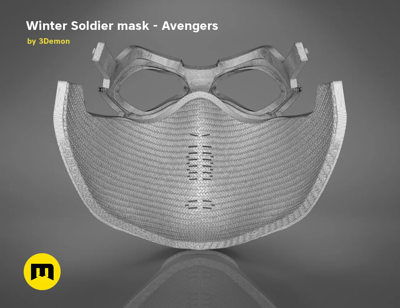 3D model render of Winter Soldier mask, front view with goggles and mesh texture, Avengers cosplay prop