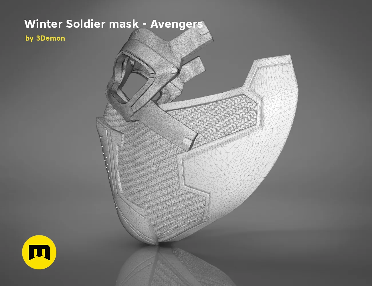 Wireframe mesh render of Winter Soldier mask, Avengers cosplay prop, side polygon structure