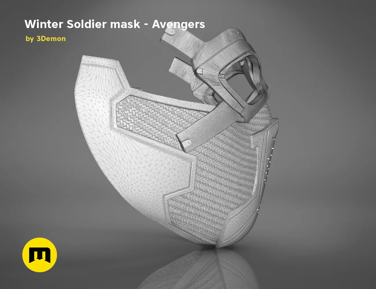 Wireframe mesh render of Winter Soldier mask STL, Avengers cosplay prop, side polygon detail