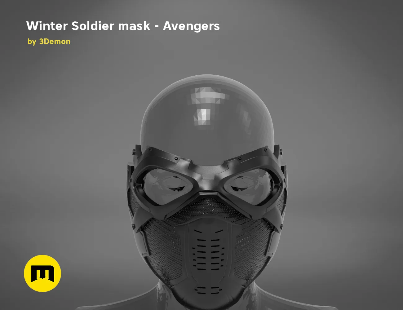 3D model render of Winter Soldier mask, front view, Avengers cosplay prop