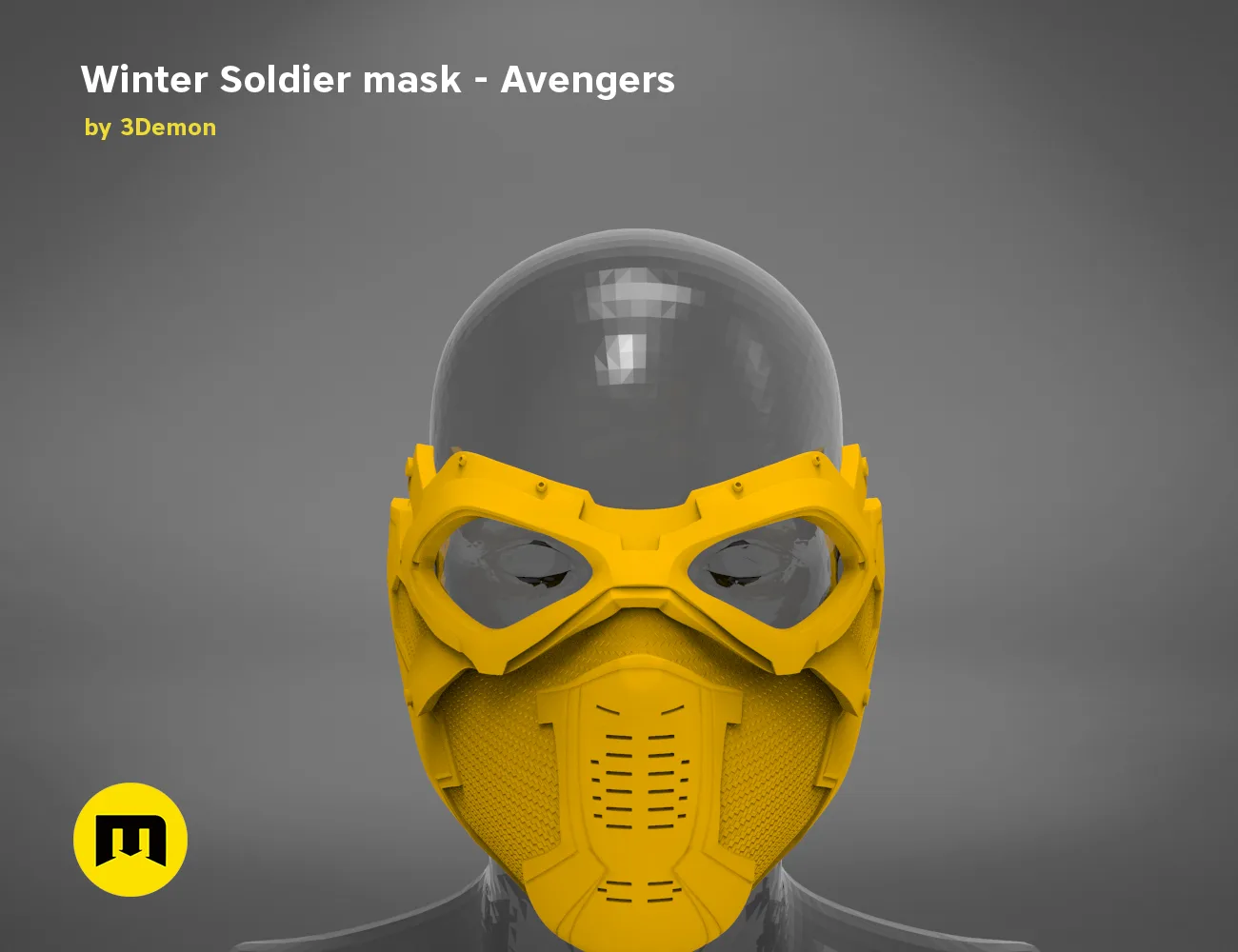 3D model render of Winter Soldier mask, yellow goggles and dome helmet, Marvel Avengers cosplay prop