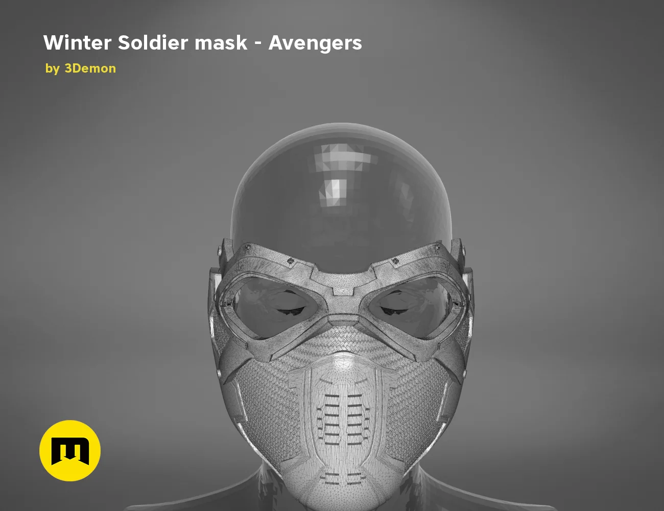 3D model render of Winter Soldier mask, front view, Marvel Avengers cosplay prop