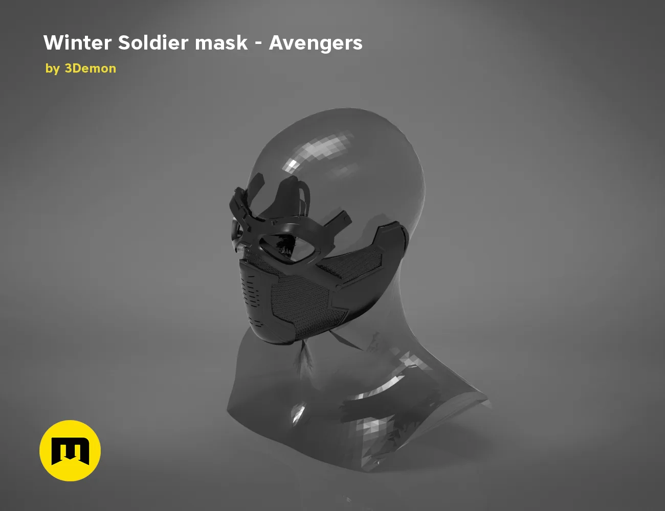 3D model render of Winter Soldier mask, Avengers cosplay prop, side view STL preview