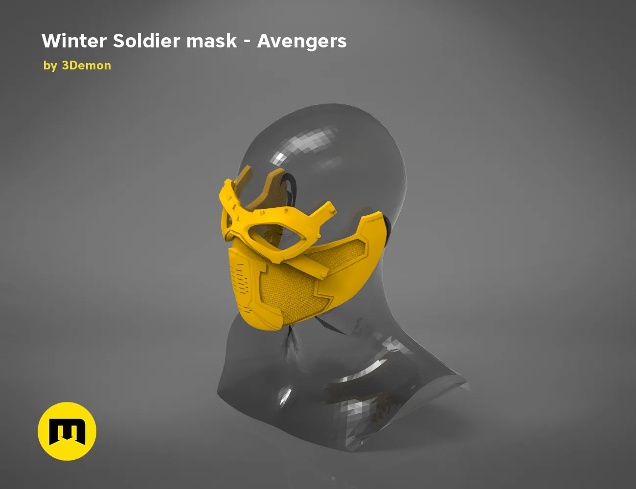 3D model render of Winter Soldier mask, yellow and clear cosplay armor, Marvel Avengers prop