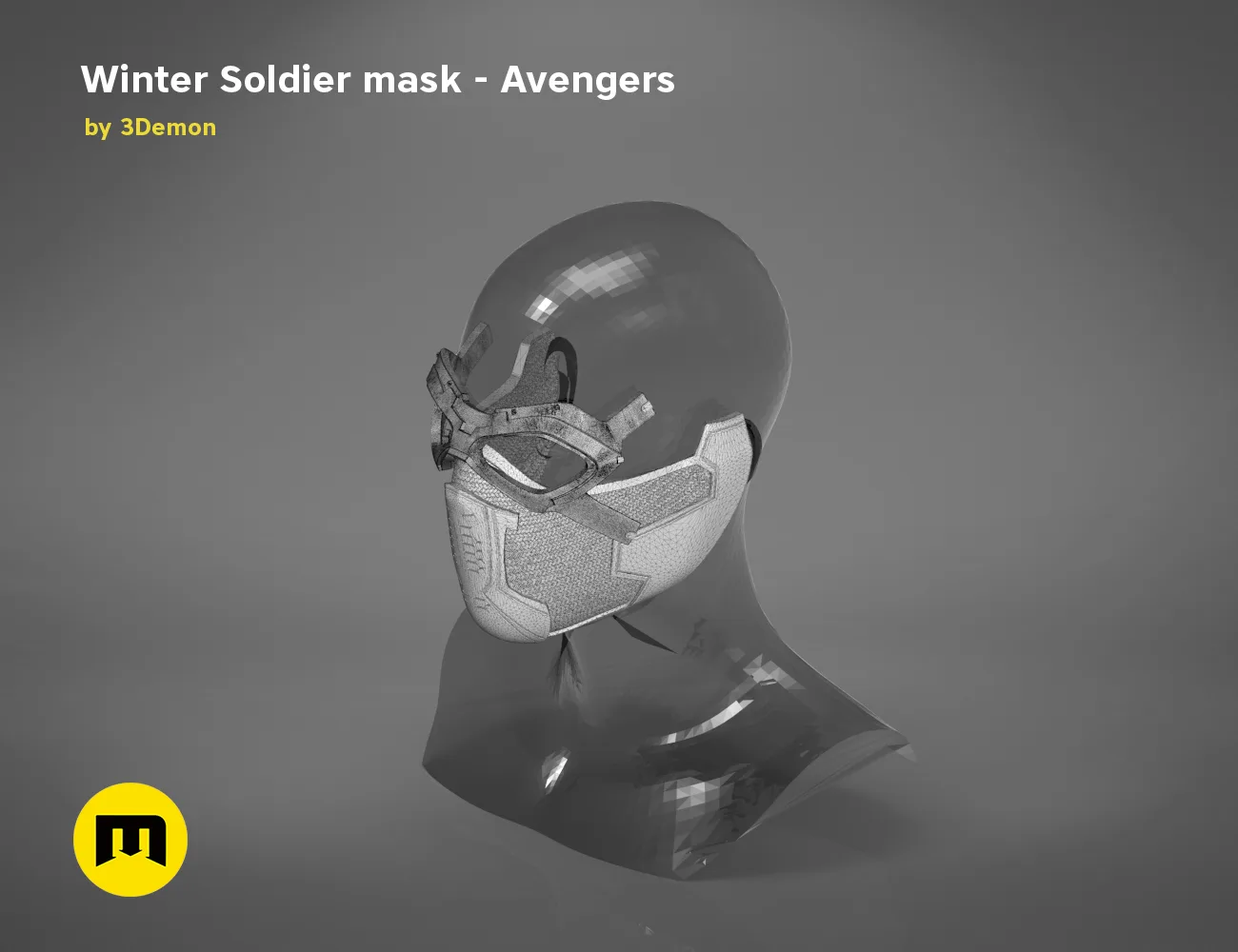 3D model render of Winter Soldier mask, translucent helmet with mesh faceplate, Avengers cosplay prop