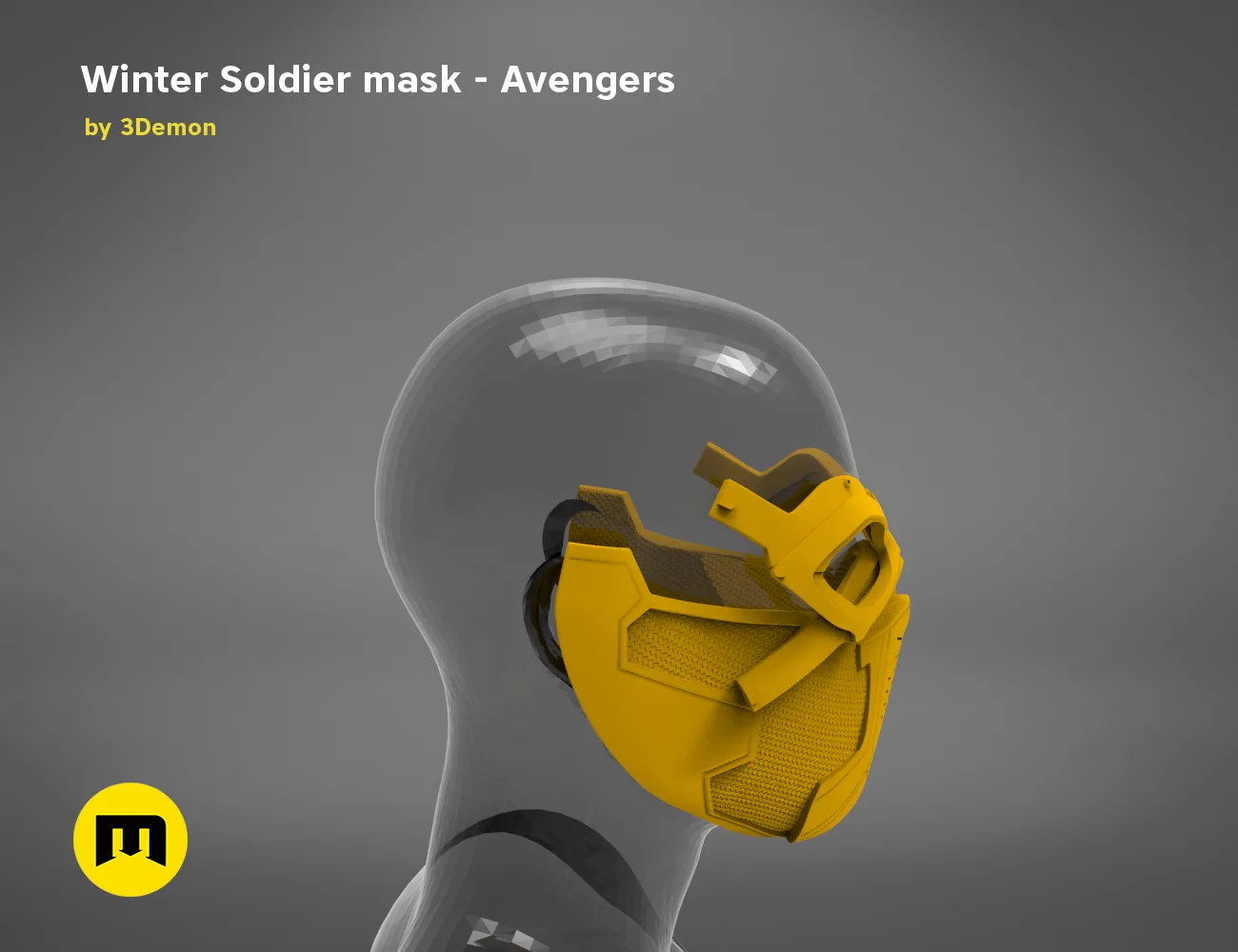 3D model render of Winter Soldier mask, yellow face guard and clear helmet, Marvel cosplay prop
