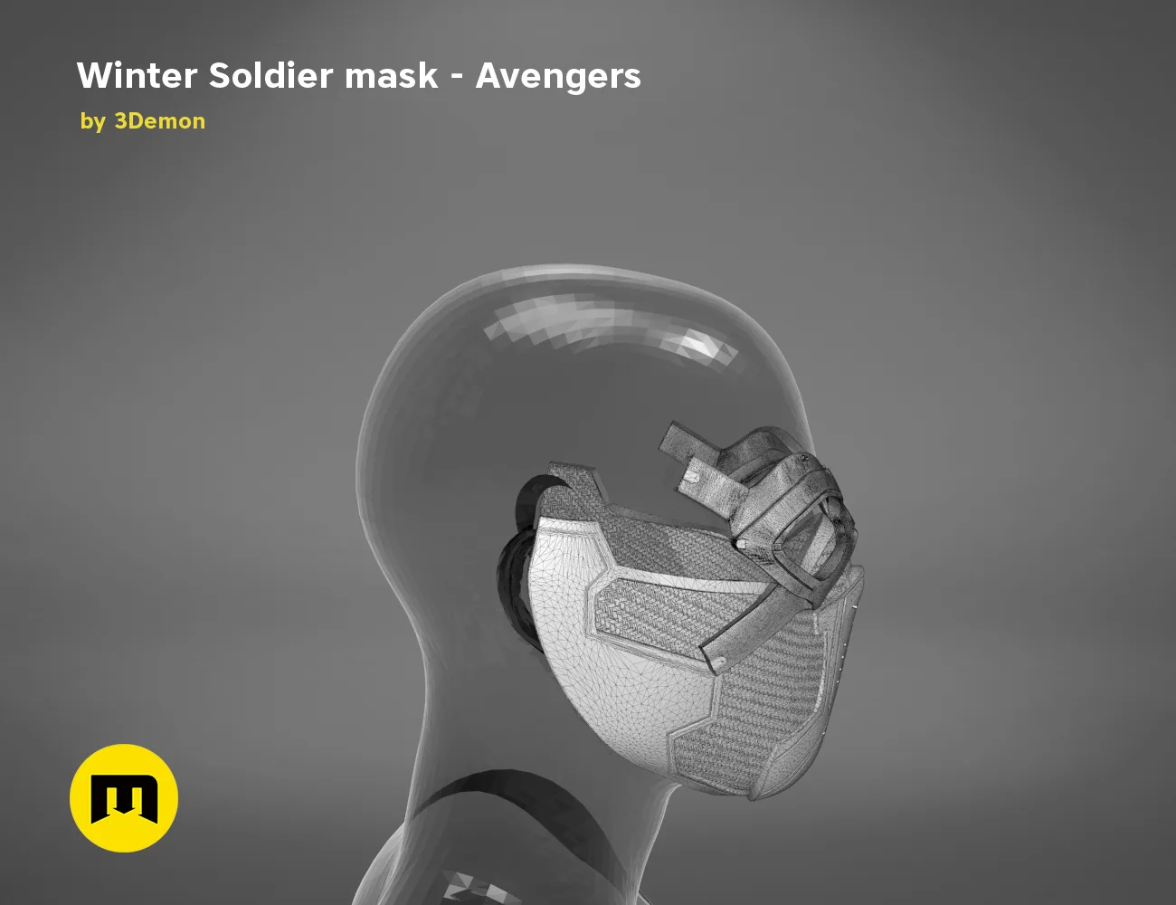 Wireframe mesh render of Winter Soldier mask STL, side polygon structure, Avengers 3D print cosplay prop