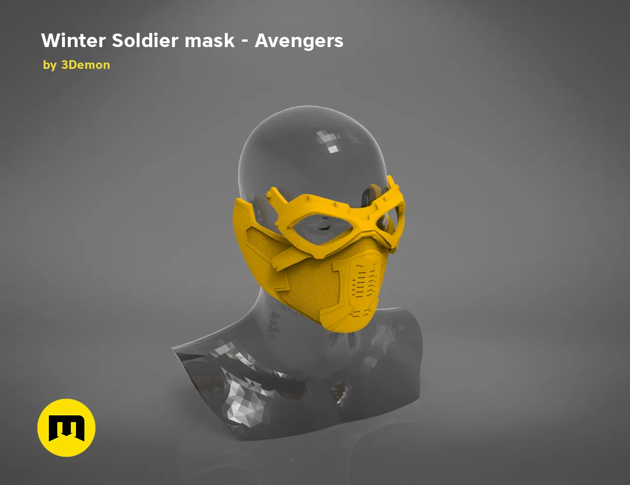 3D model render of Winter Soldier mask, yellow goggles and helmet, Avengers cosplay prop