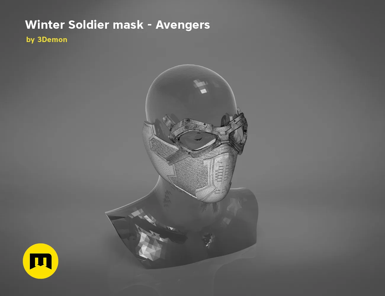 3D model render of Winter Soldier mask, front view, Marvel Avengers cosplay prop