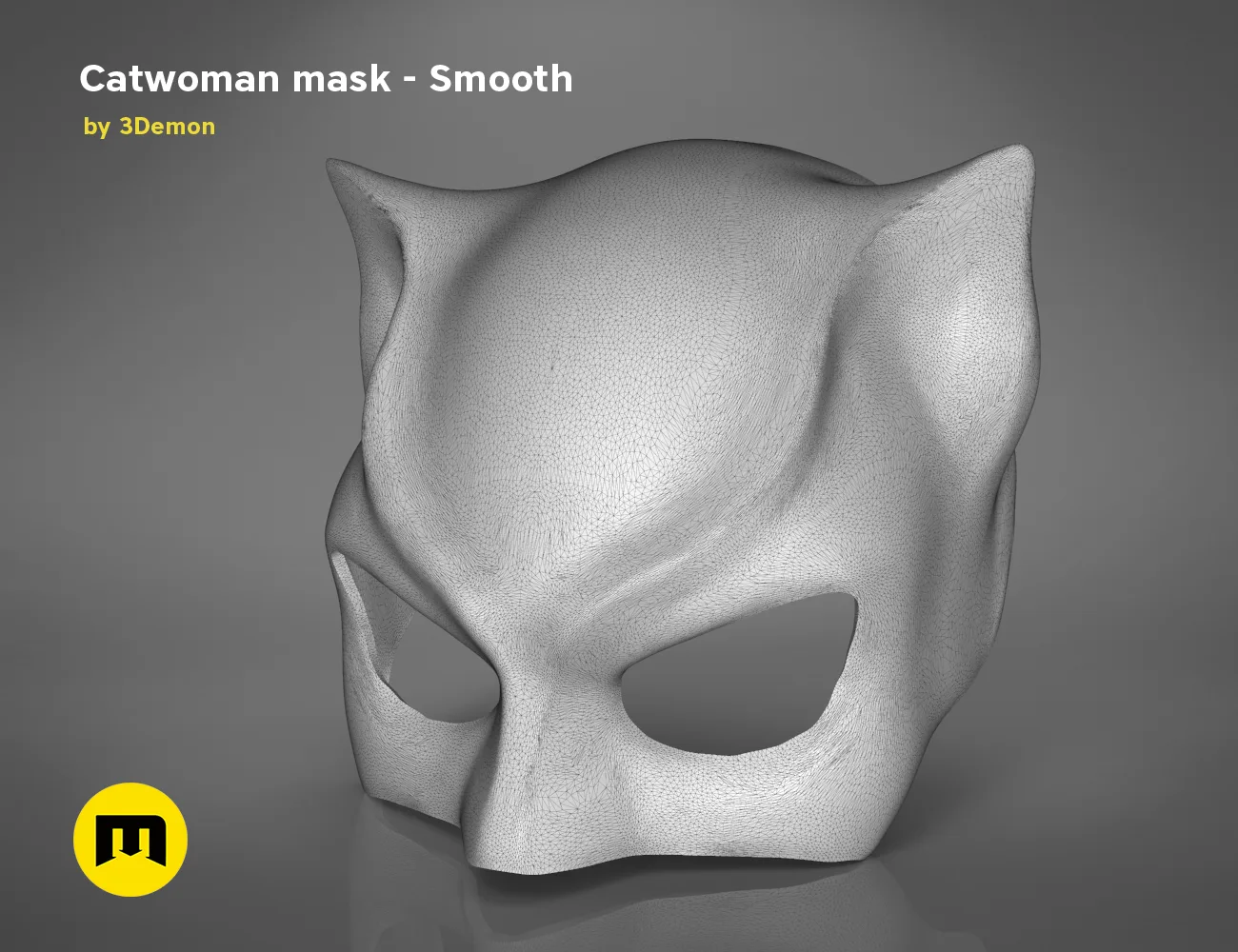 Wireframe mesh render of Catwoman comics mask STL, smooth grey mesh topology, 3D print cosplay prop
