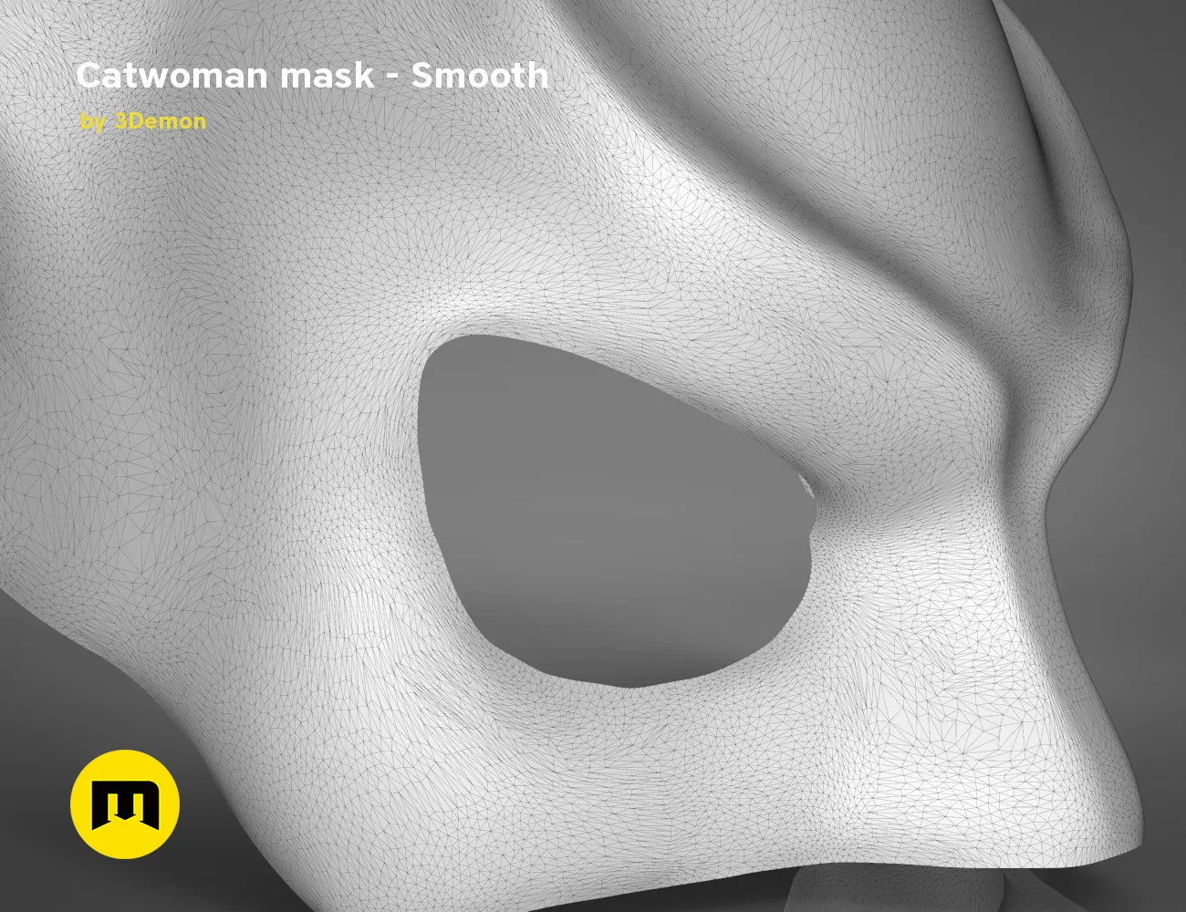 Wireframe mesh render of Catwoman comics mask STL, smooth side mesh topology, 3D print cosplay prop