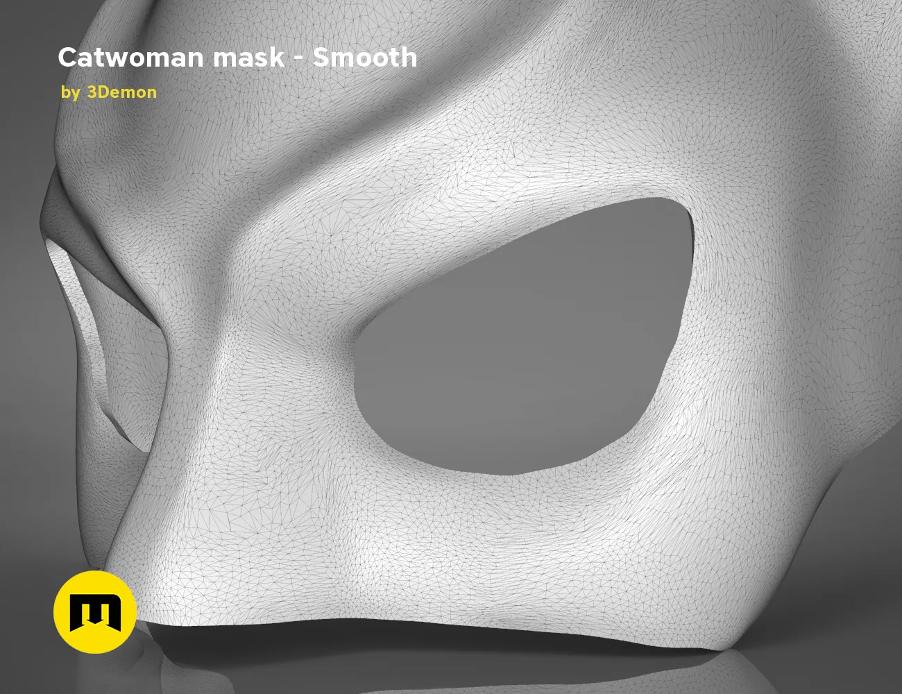Wireframe mesh render of Catwoman comics mask STL, smooth side polygon structure, 3D print cosplay prop
