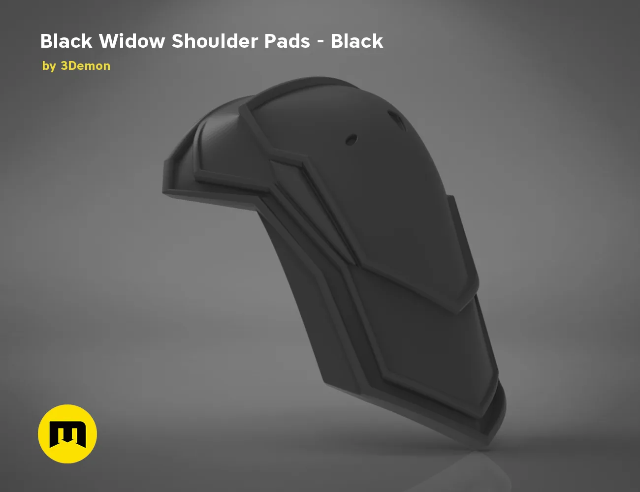 3D model render of Black Widow Shoulder Armor, sleek black cosplay prop, side view