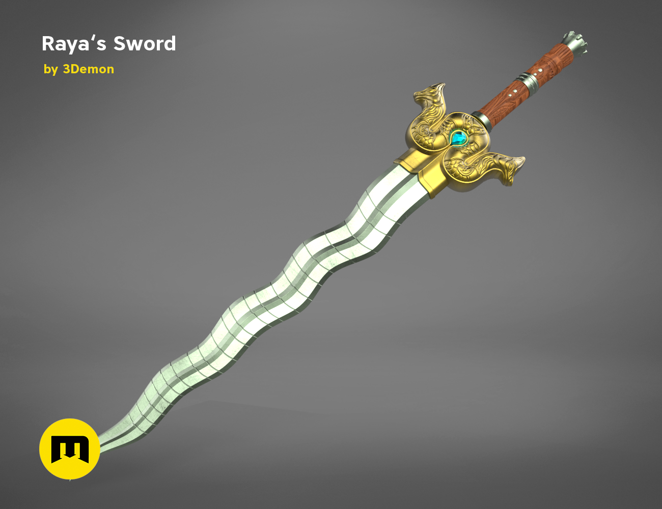 3D model render of Raya’s Sword, golden hilt with dragon emblem, 3D print cosplay weapon
