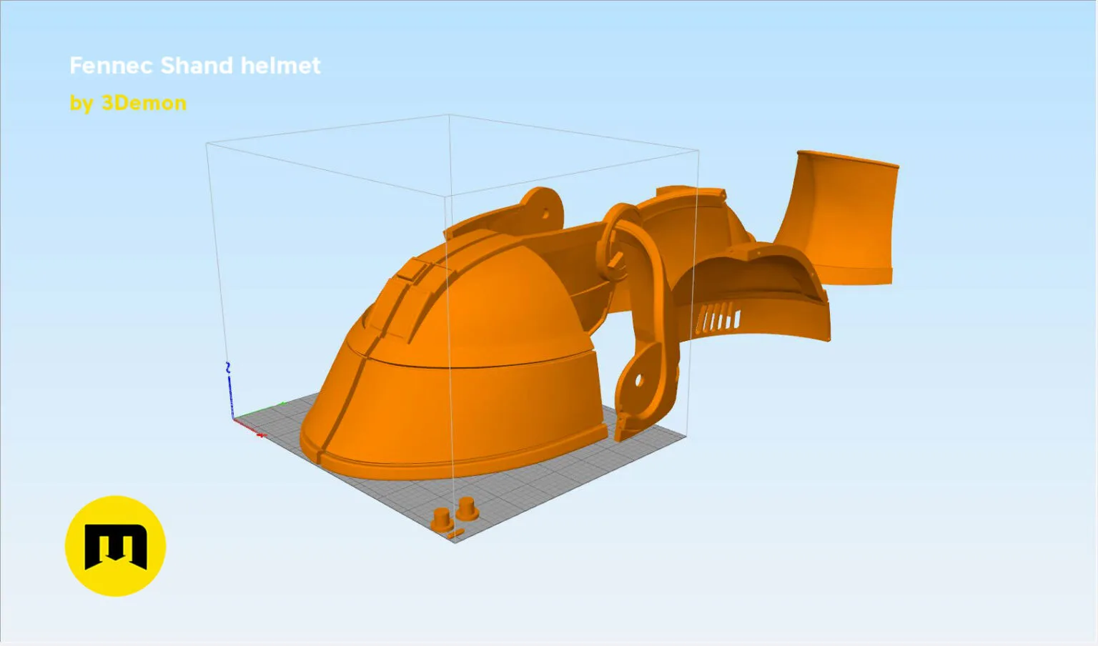 Slicer screenshot of Fennec Shand helmet STL, orange parts on print bed grid, 3D print cosplay prop