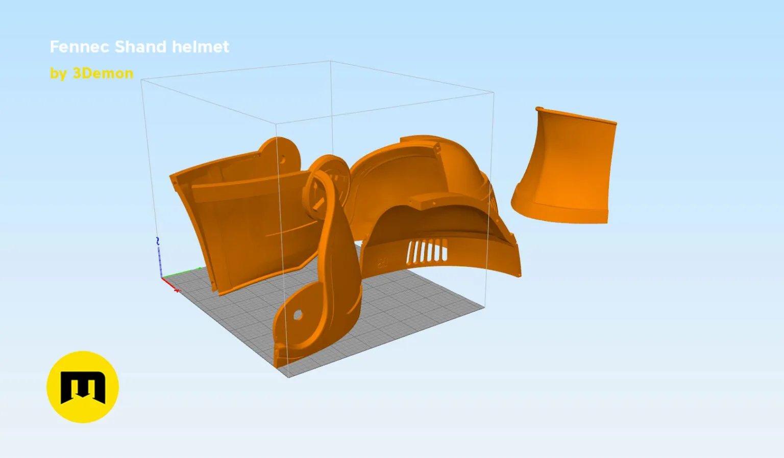 Exploded view of Fennec Shand helmet STL, orange 3D printed cosplay armor parts