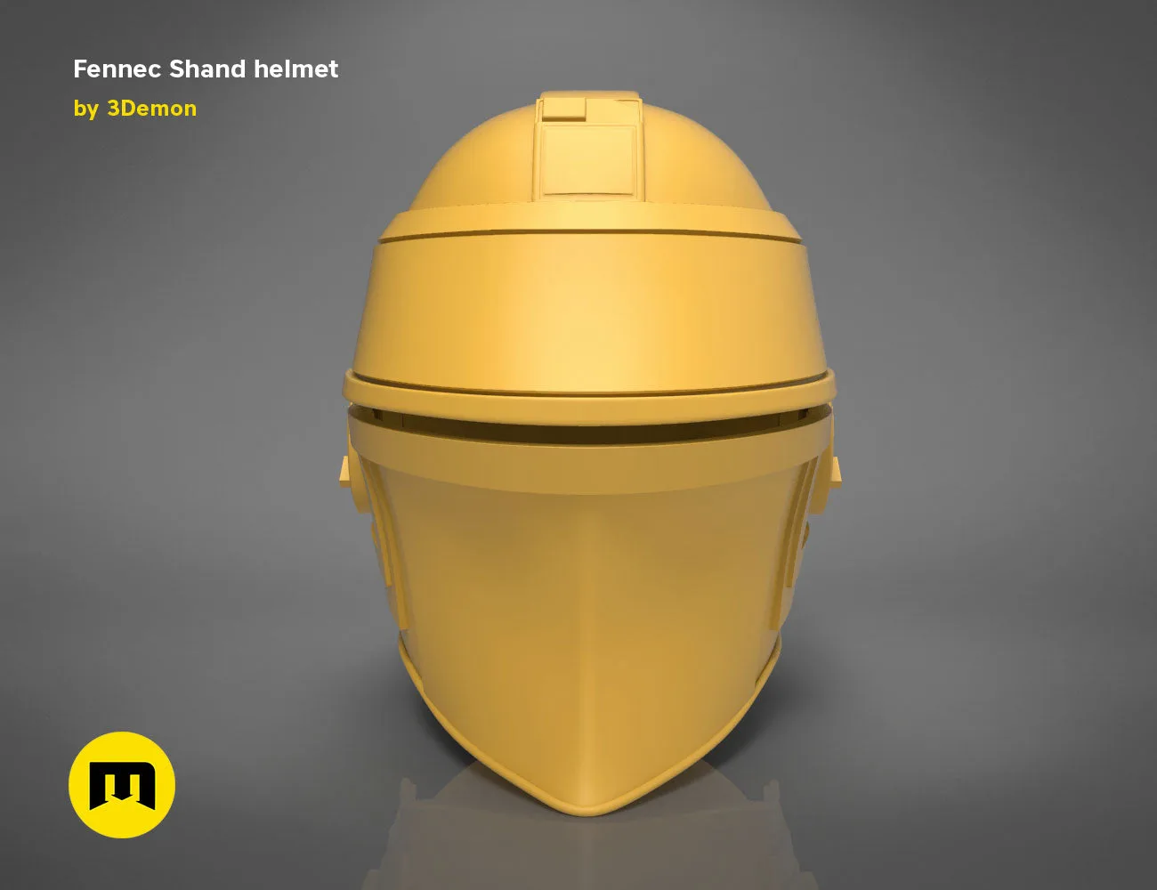 3D model render of Fennec Shand helmet, front view, 3D print cosplay prop