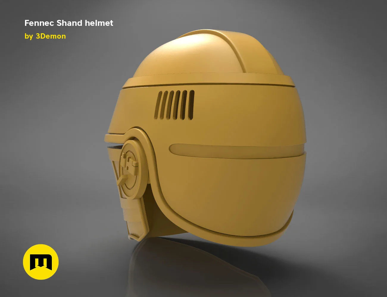 3D model render of Fennec Shand helmet, olive-yellow Mandalorian cosplay prop, side view