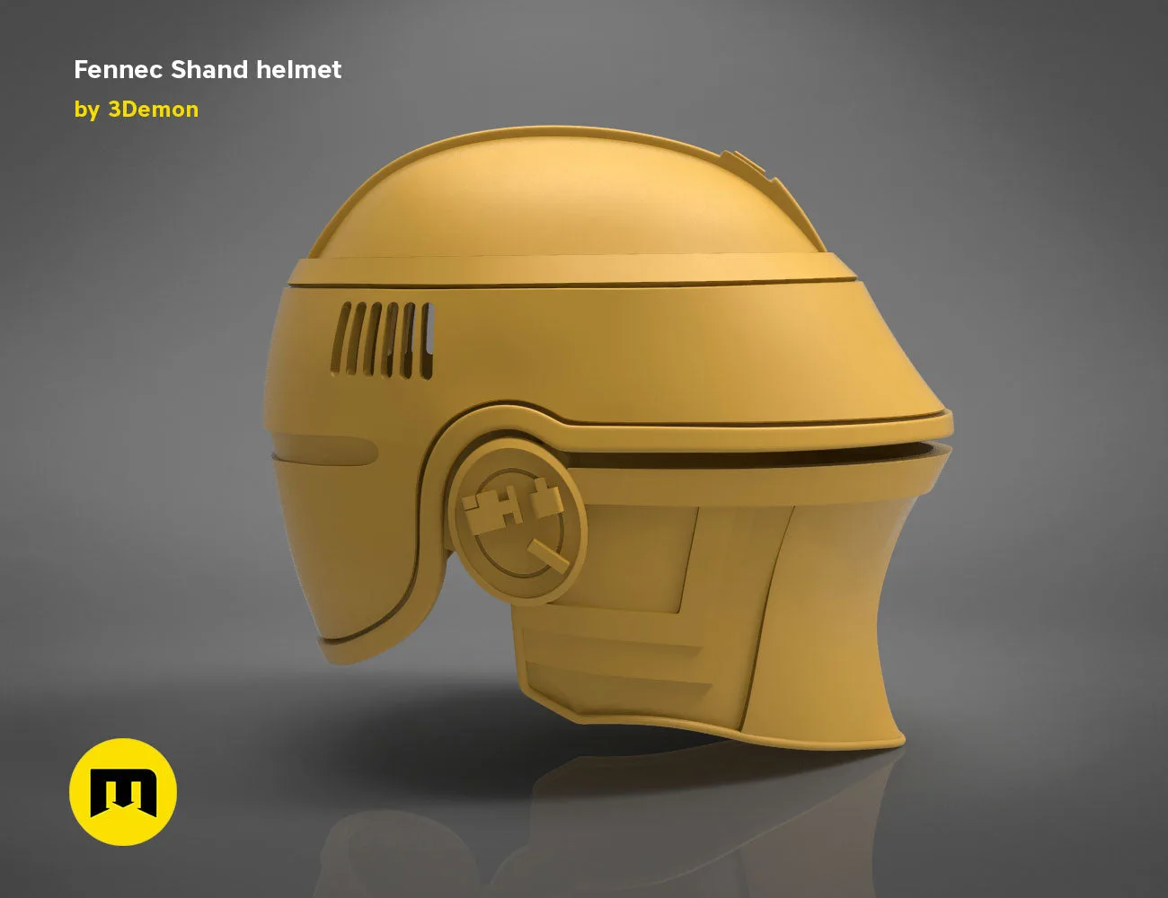 3D model render of Fennec Shand helmet, side view, 3D print cosplay prop