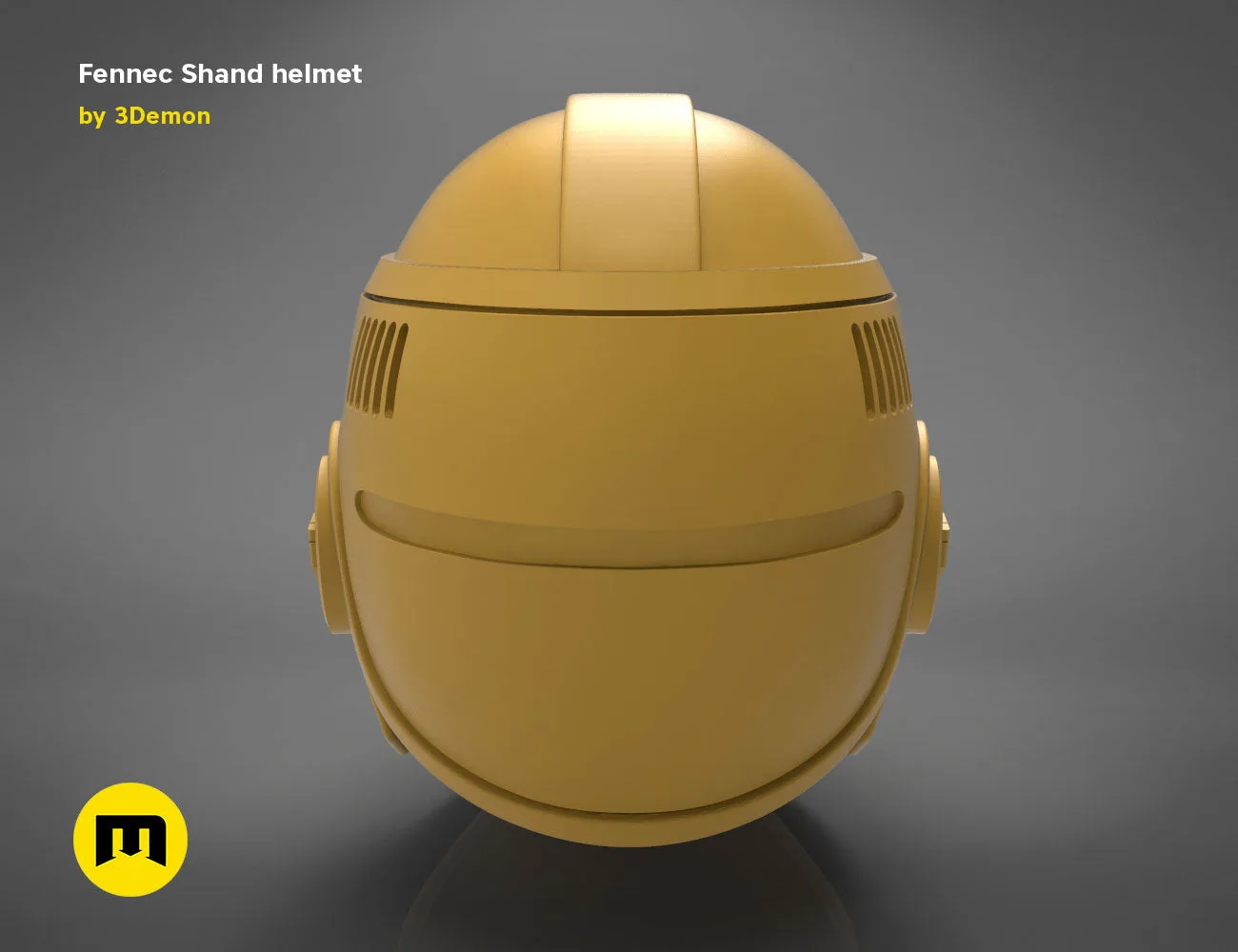 3D model render of Fennec Shand helmet, olive droid cosplay prop, front view