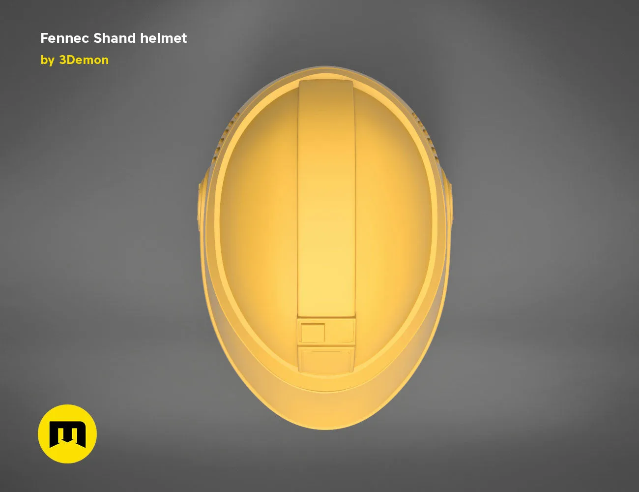 3D model render of Fennec Shand helmet, front view, 3D print cosplay prop