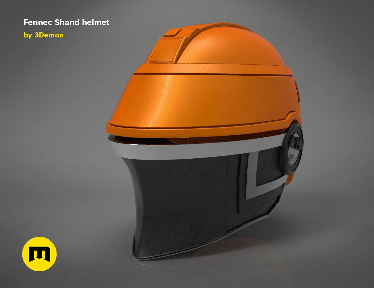 3D model render of Fennec Shand helmet, orange sci-fi cosplay prop, side view STL