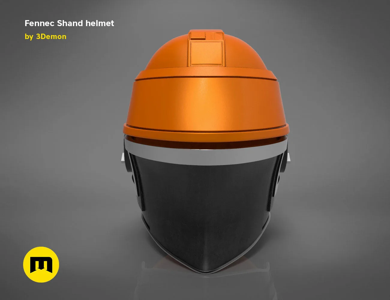 3D model render of Fennec Shand helmet, orange and grey cosplay prop, front view STL