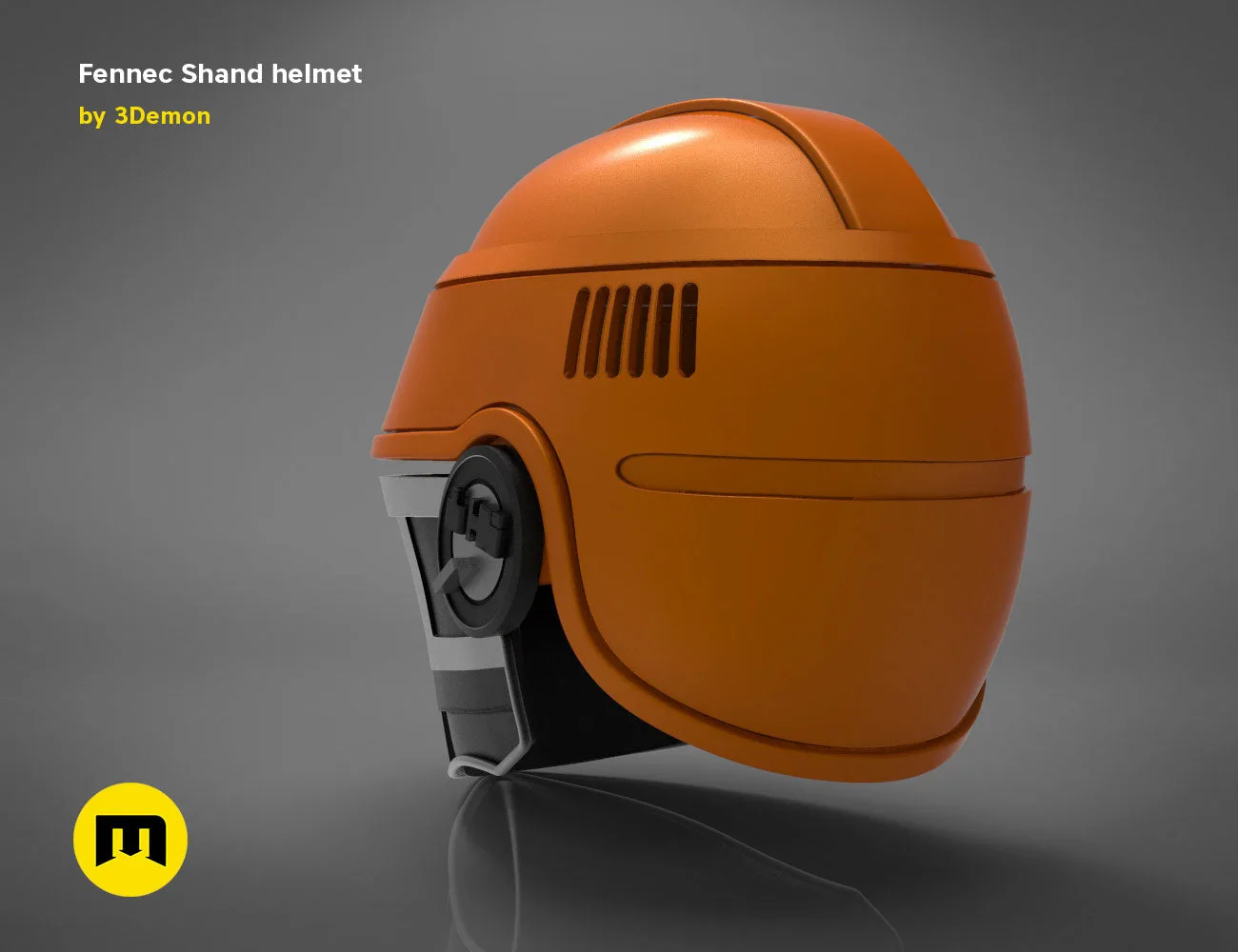 3D model render of Fennec Shand helmet, orange sci-fi cosplay prop, side view