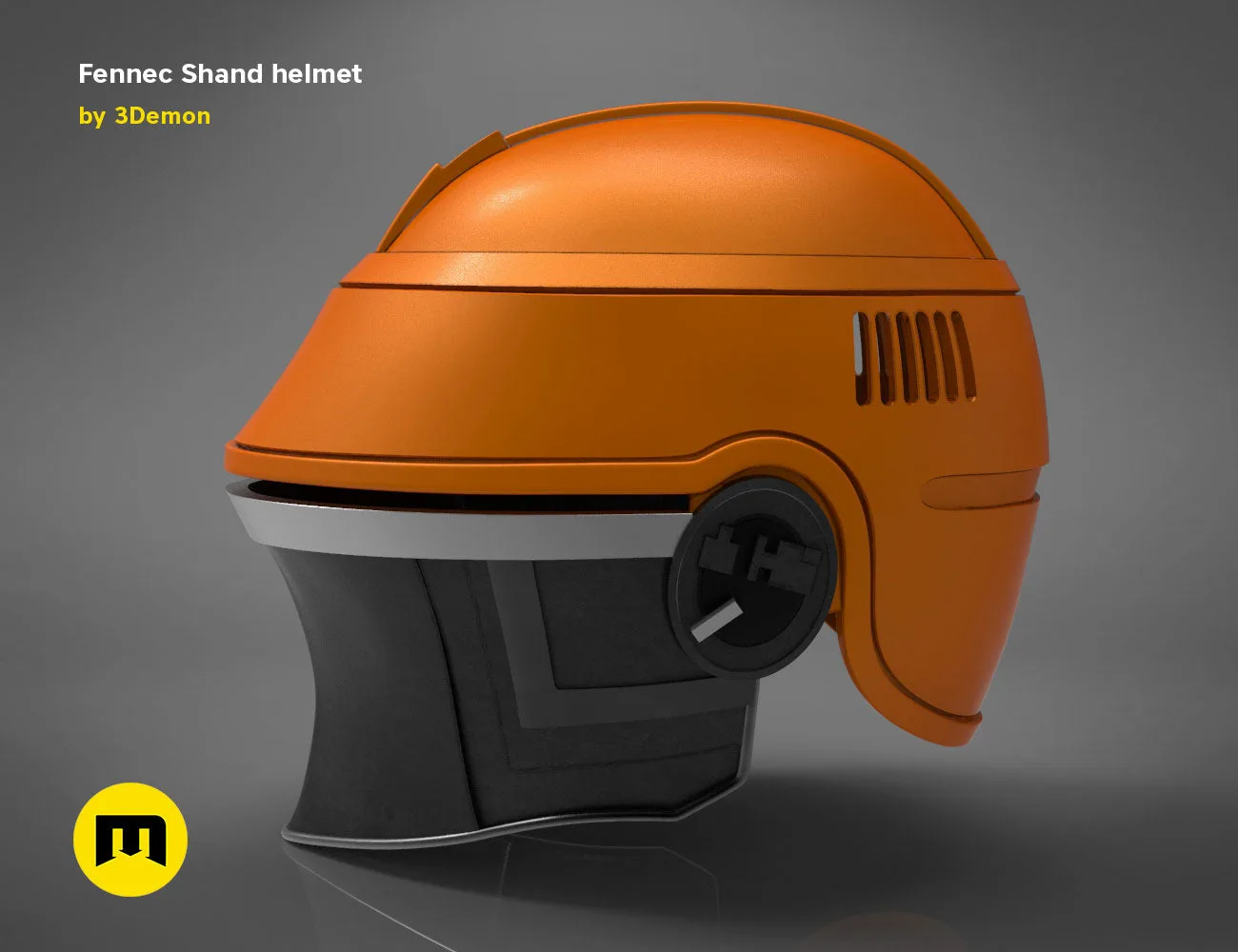 3D model render of Fennec Shand helmet, orange Mandalorian cosplay prop, side view