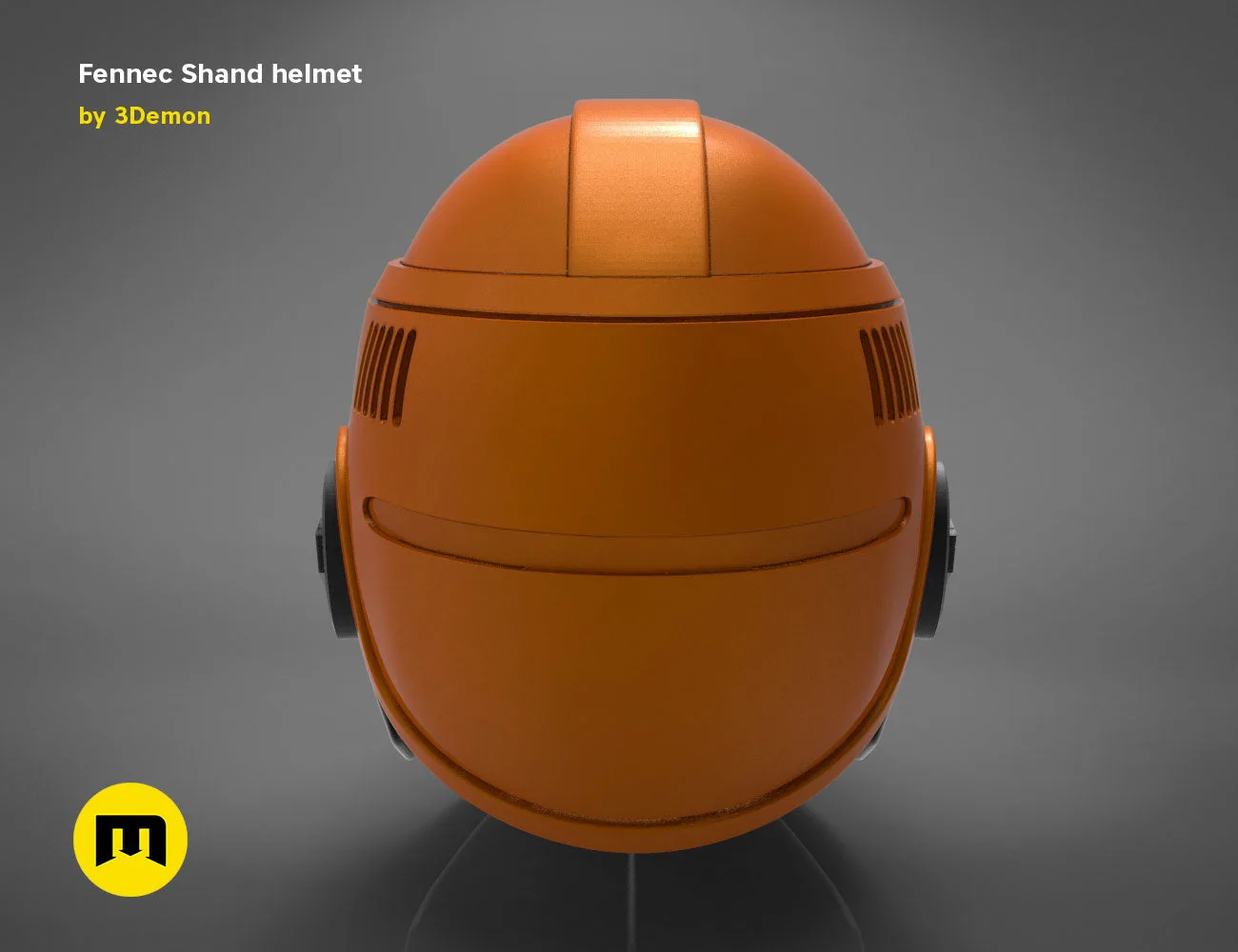 3D model render of Fennec Shand helmet, orange Mandalorian cosplay prop, front view