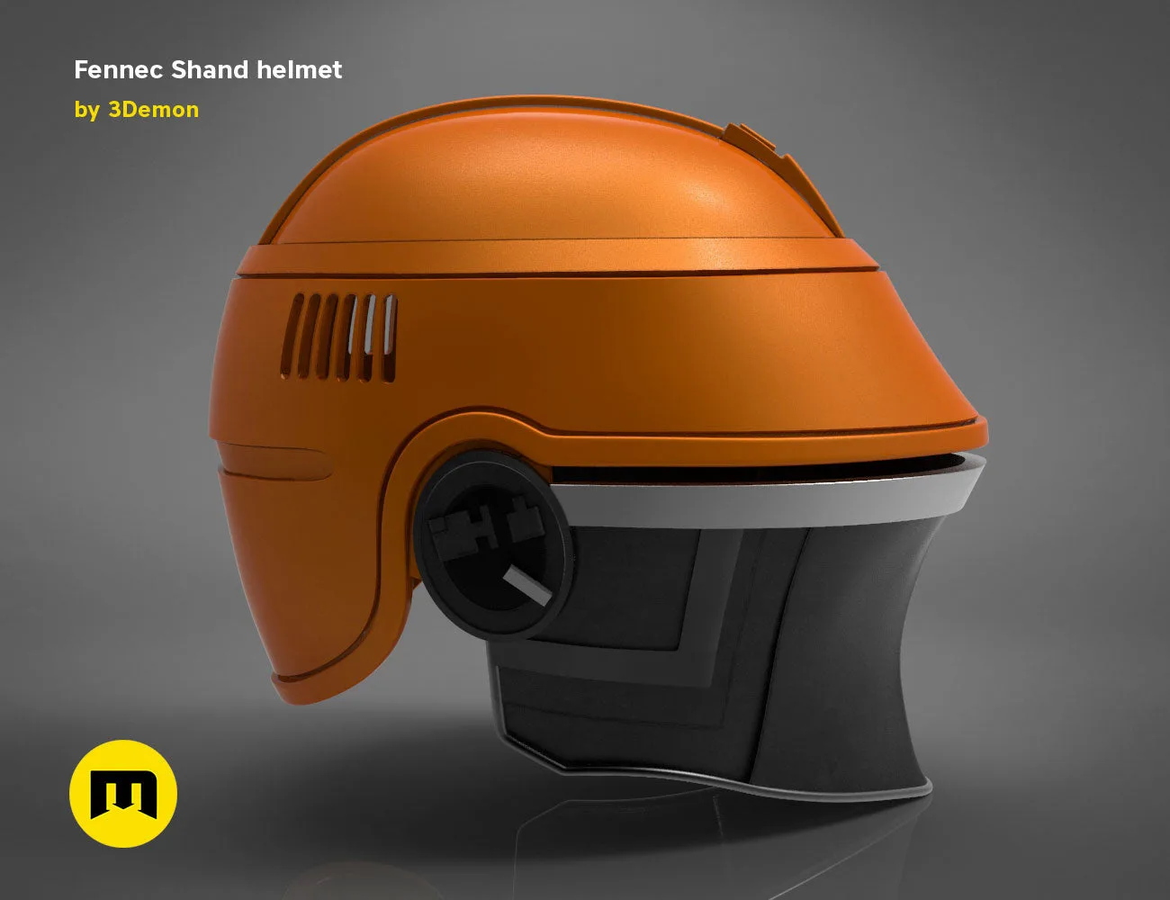 3D model render of Fennec Shand helmet, orange cosplay prop with side comms panel, 3D print