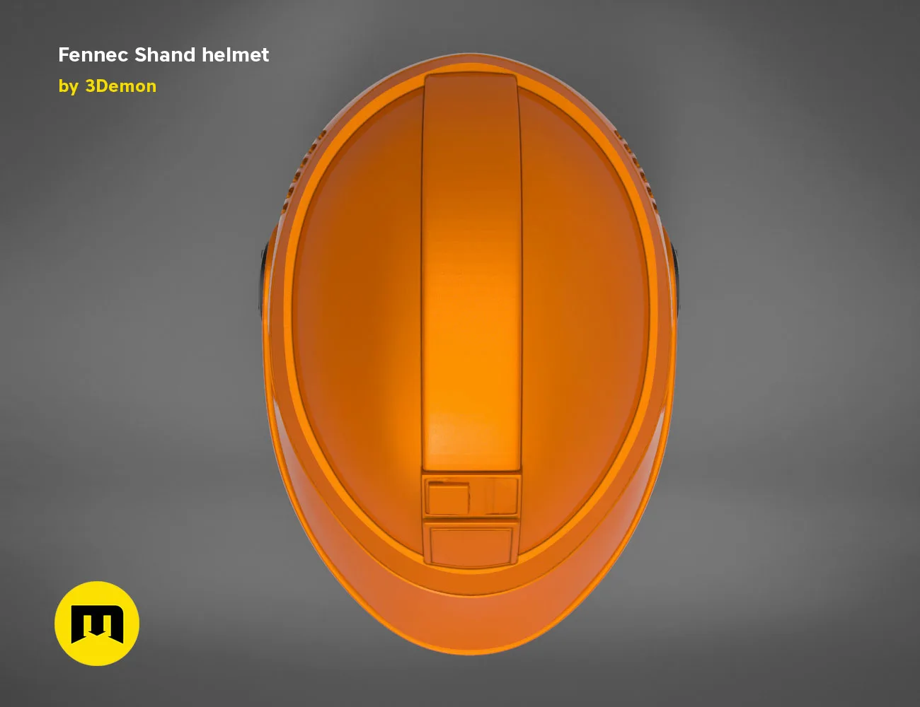 3D model render of Fennec Shand helmet, orange sci-fi cosplay prop, front view STL