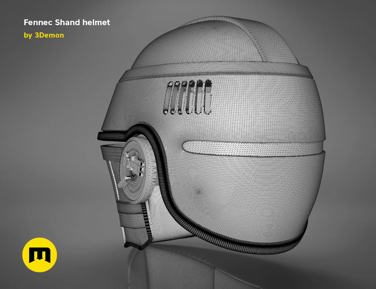 Wireframe mesh render of Fennec Shand helmet STL, side polygon structure, 3D print cosplay prop