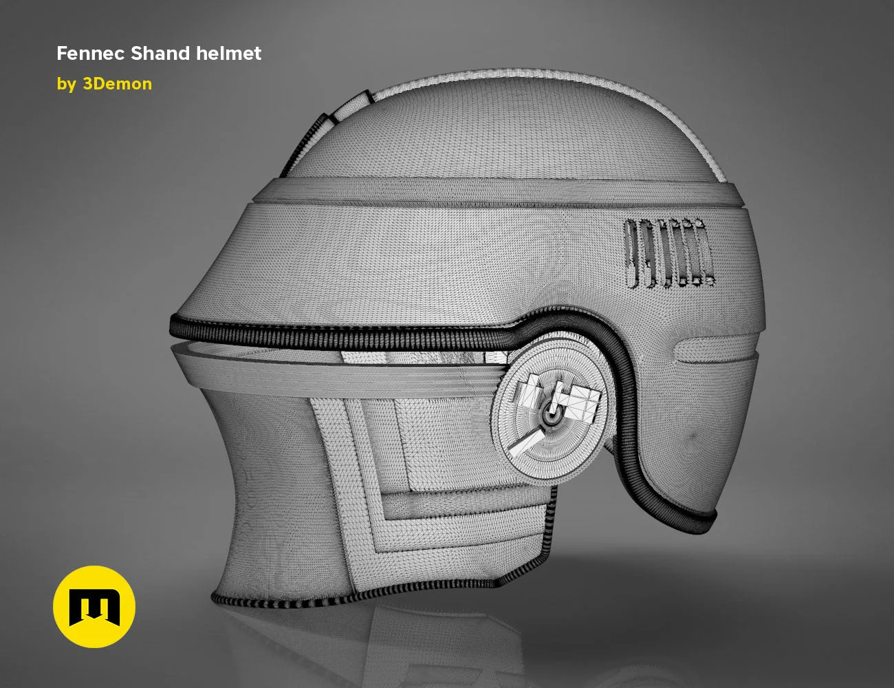 Wireframe mesh render of Fennec Shand helmet STL, side view mesh topology, 3D print cosplay prop