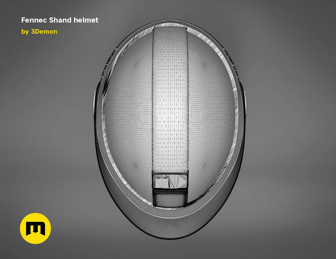 Wireframe mesh render of Fennec Shand helmet STL, front mesh topology with ventilation grid, 3D print cosplay prop