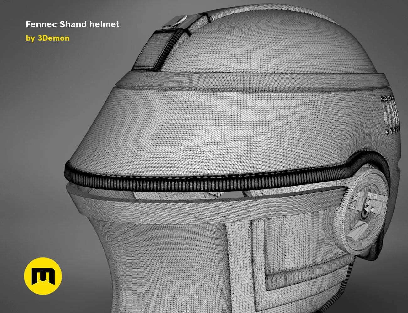 Wireframe mesh render of Fennec Shand helmet STL, rear mesh detail with ventilation slats, 3D print cosplay prop
