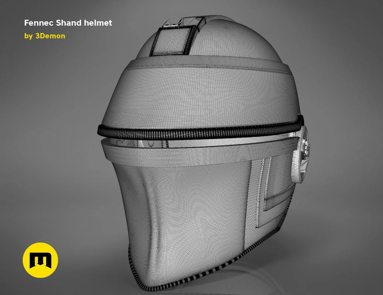 Wireframe mesh render of Fennec Shand helmet STL, side polygon structure, 3D print cosplay prop